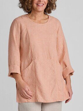 FLAX Apricot Gingham Picnic Shirt Linen Pullover Size S